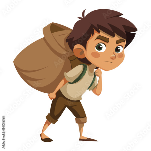 Cartoon boy carrying a large sack on his back illustration