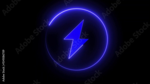 Neon illustration of blue lightning bolt within a glowing circle representing electricity power and energy on a dark background