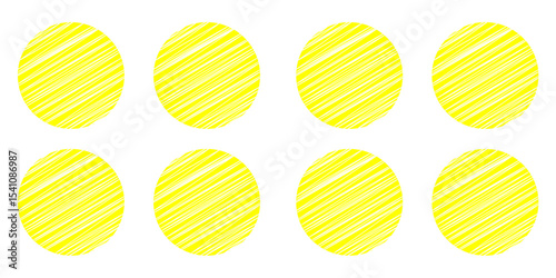 Brush sun stamps. Abstract yellow suns set. Vector watercolor brushstrokes. Round ink texture badges. Orange summer frames. Rough grungy circles. Distressed golden stamps. modern art