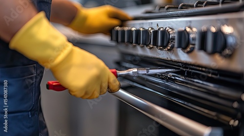 Close-up of plumbing tools as a technician repairs an oven in a residential kitchen 