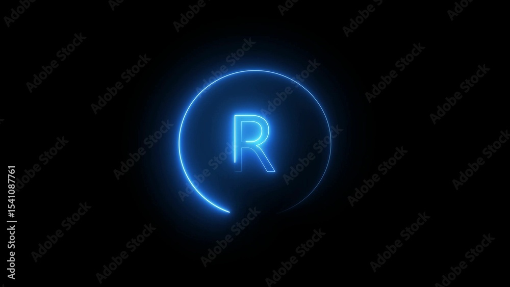 Glowing neon blue letter r inside a circle on a dark background represents brand identity or registration Glowing neon blue letter r inside a circle on a dark background represents brand identity or registration