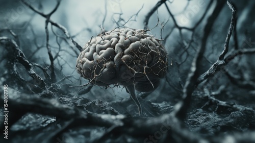 Enigmatic Brain Entangled in a Dark Forest: A Surreal Depiction of Mental Struggle