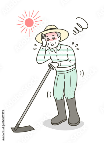 農作業中に熱中症を起こしめまいでふらつく高齢男性のイラスト
