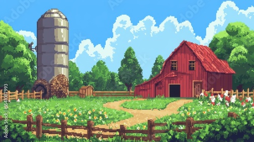 Tranquil Pixel Art Farm Scene: Red Barn, Silo, and Lush Green Fields under a Sunny Sky