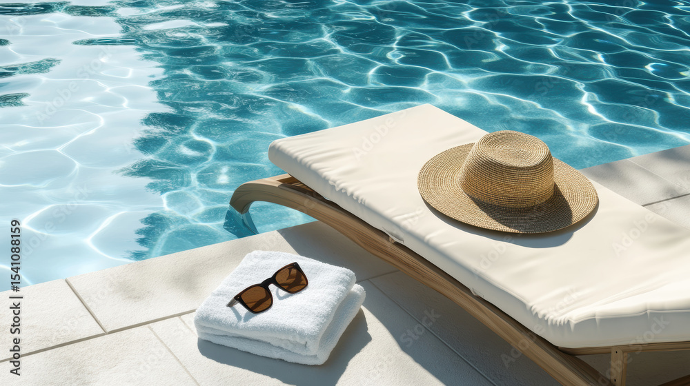 Obraz premium Straw hat and sunglasses by the pool on a sunny day