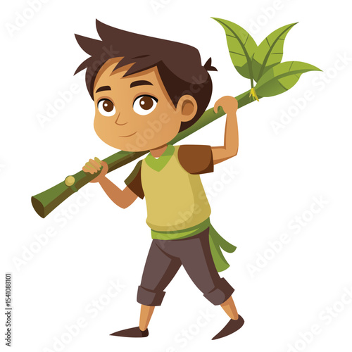 Cartoon boy carries a green bamboo stick on his shoulder