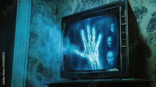Eerie Spectral Hand Emerging from Antique Television Screen Glowing Blue in a Haunted House Setting