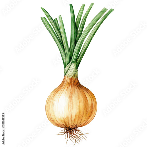 hand-drawn watercolor onion bulb with green stalk, natural botanical illustration, transparent background