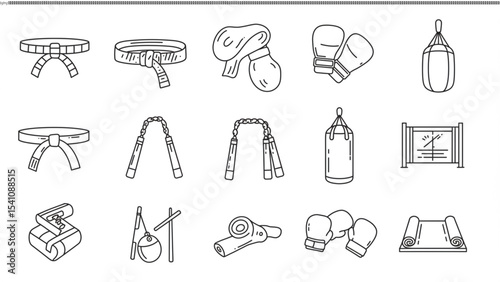Martial Arts & Boxing Equipment Icons Line Art Graphics