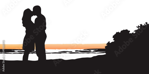 Romantic silhouette of couple kissing on beach at sunset vector illustration for love and romance themes