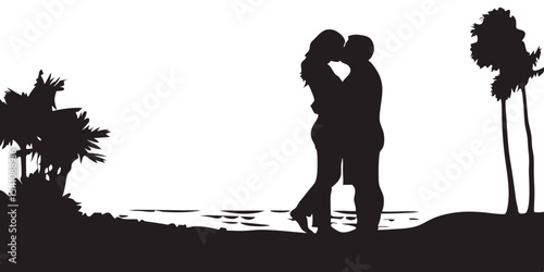 Romantic silhouette beach kiss couple love honeymoon vacation tropical getaway design vector image