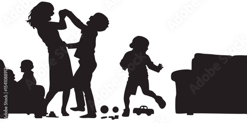 Family fun silhouette vector illustration with kids playing and parent interaction in home setting scene
