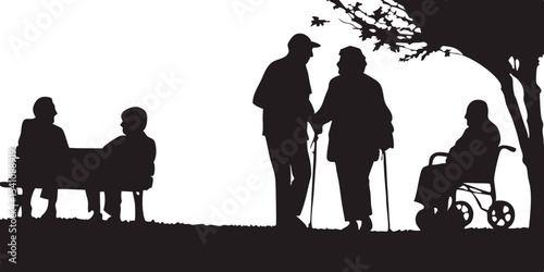 Elderly people enjoying time outdoors silhouette in park vector graphic illustration design