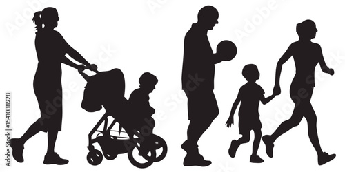 Family silhouette vector art featuring parents with children walking and playing together outdoors design image