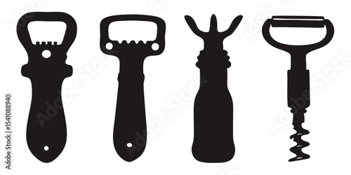 Black silhouette of bottle openers and corkscrew tools for bar and kitchen use illustration vector design 
