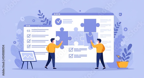 Two people connecting puzzle pieces on a large screen.