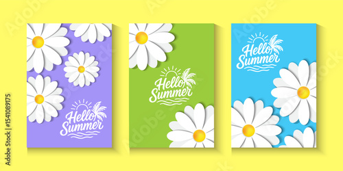 Set of Minimalist summer background with palm leaves. Tropical summer leaf shadow design. spring cards with daisy flowers, Summer sale banner. poster, card, cover for ads promo,web post with copyspace