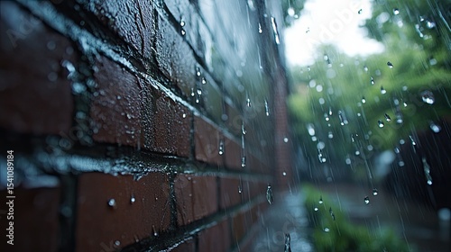 Close-up of waterproofed brick wall showcasing modern masonry's weather-resistant features in a storm. 