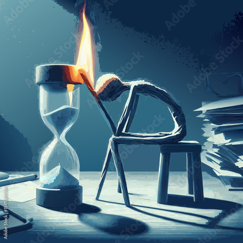 An ethereal hourglass of clouds symbolizes time as money, with a fiery glow illuminating the flowing sand within the glass