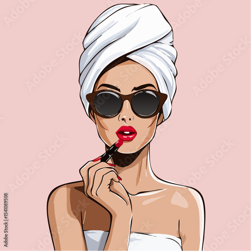 Woman Applying Mascara and Lipstick – Spa Day Beauty Routine Vector Illustration with Towel-Wrapped Hair