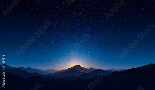 A starry night sky over mountains, with a gradient of deep blue to black. The stars form an intricate pattern in the shape of waves, creating a sense of depth and mystery