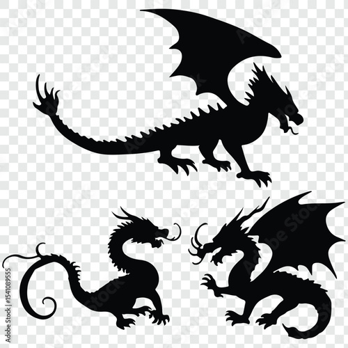 Dragon silhouettes set.  Vector illustration.