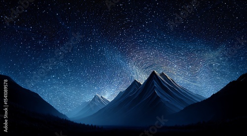 A starry night sky over mountains, with a gradient of deep blue to black. The stars form an intricate pattern in the shape of waves, creating a sense of depth and mystery