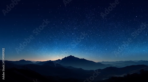 A starry night sky over mountains, with a gradient of deep blue to black. The stars form an intricate pattern in the shape of waves, creating a sense of depth and mystery
