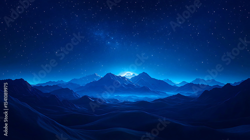 A starry night sky over mountains, with a gradient of deep blue to black. The stars form an intricate pattern in the shape of waves, creating a sense of depth and mystery