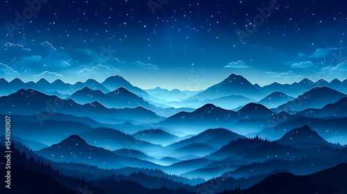 A starry night sky over mountains, with a gradient of deep blue to black. The stars form an intricate pattern in the shape of waves, creating a sense of depth and mystery