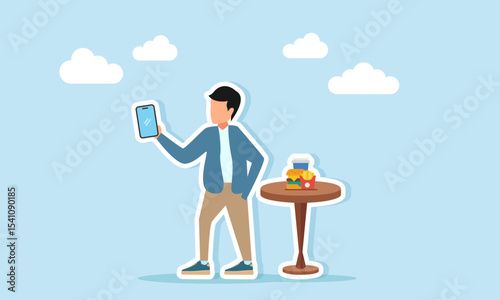 Photographer using smartphone taking a selfie of food on the table illustration of personal branding as a food vlogger