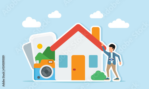 Photographer carry a camera standing next to a house photo gallery and camera illustration of photo session for property marketing purposes
