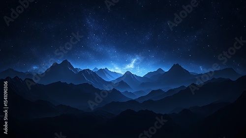 A starry night sky over mountains, with a gradient of deep blue to black. The stars form an intricate pattern in the shape of waves, creating a sense of depth and mystery