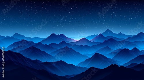 A starry night sky over mountains, with a gradient of deep blue to black. The stars form an intricate pattern in the shape of waves, creating a sense of depth and mystery