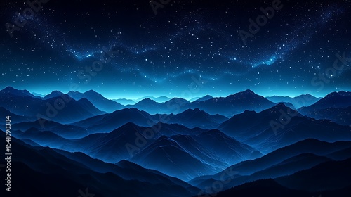 A starry night sky over mountains, with a gradient of deep blue to black. The stars form an intricate pattern in the shape of waves, creating a sense of depth and mystery