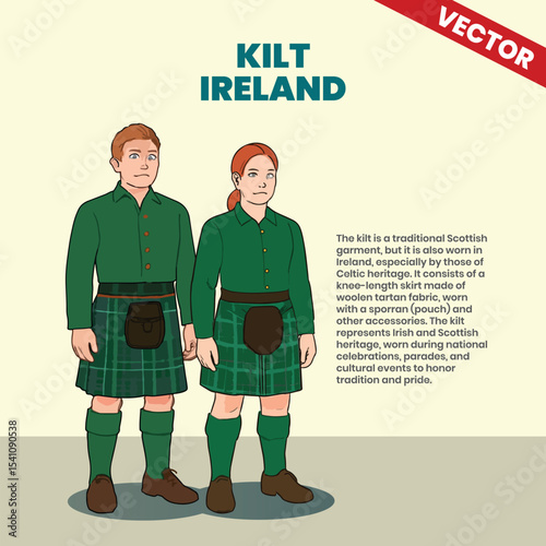 Traditional Irish Kilt Costume Cultural Heritage Clothing Vector Illustration