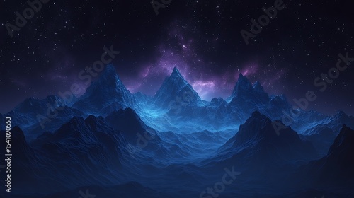A starry night sky over mountains, with a gradient of deep blue to black. The stars form an intricate pattern in the shape of waves, creating a sense of depth and mystery