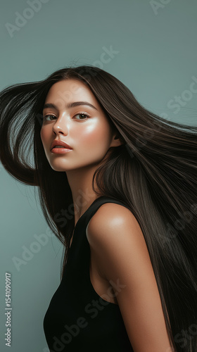 Side view of a woman with flowing silky hair in motion