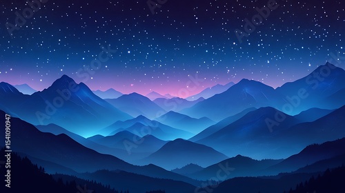 A starry night sky over mountains, with a gradient of deep blue to black. The stars form an intricate pattern in the shape of waves, creating a sense of depth and mystery