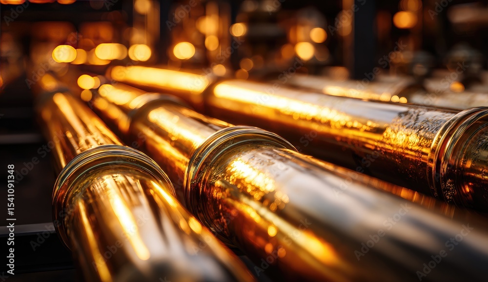 Naklejka premium Golden pipes in a factory setting. Close-up view of several parallel, polished, brass-like pipes, bathed in warm, golden light