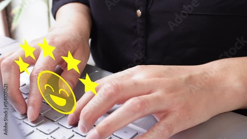 Businesswoman working on her laptop, with five stars and happy face, satisfactory rating concept
