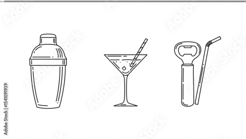 Cocktail Shaker, Martini Glass, Bottle Opener, Straws: Simple line art illustration of cocktail shaker, martini glass, bottle opener and straws. Perfect for bar menu, drink recipes.