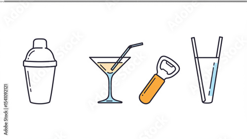 Cocktail Essentials: A minimalist graphic of bar tools including a shaker, cocktail, bottle opener, and tall glass, perfect for a refreshing beverage.