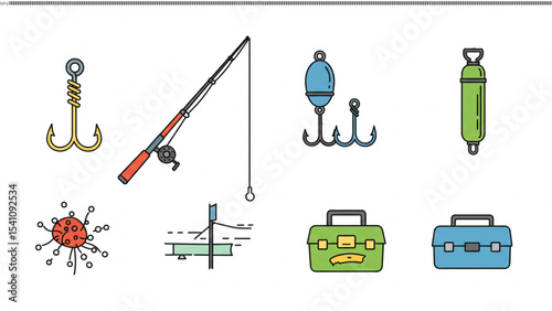 Fishing Gear Essentials: A collection of essential fishing gear, illustrated in a clean, minimalist style, offering a comprehensive overview of the tools needed for a successful angling experience.