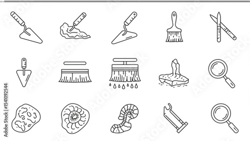 Archaeological tools: Featuring the essence of archeology tools, including trowels, brushes, pencils, and magnifying glasses used for excavation.
