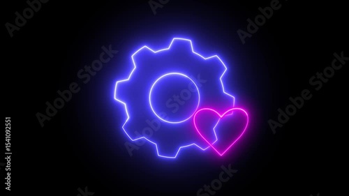 Neon light effect animation of a gear icon with a heart