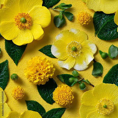 Vibrant pink flowers with bright yellow blooms and lush green leaves on a cheerful yellow background for lively floral design