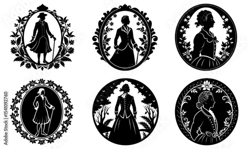 Collection of silhouette portraits in oval frames with floral and nature elements in black and white