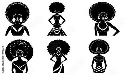 Silhouetted afro women in dresses with large earrings and confident poses in a black and white design
