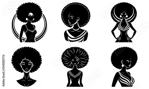 Silhouetted portraits of women with afro hairstyles in various poses and outfits in black and white style
